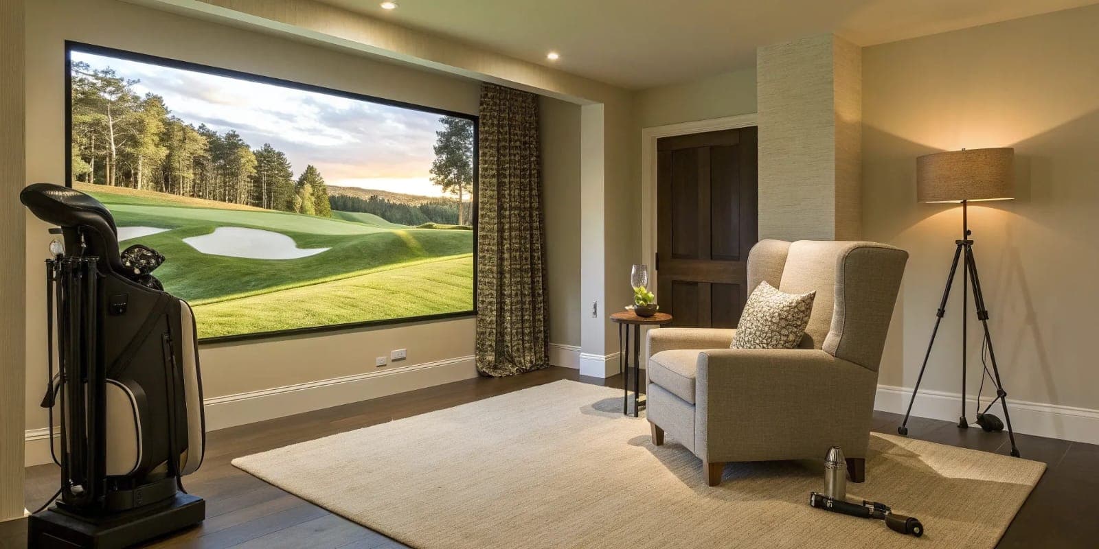 Golf simulator room integrated into a private lounge