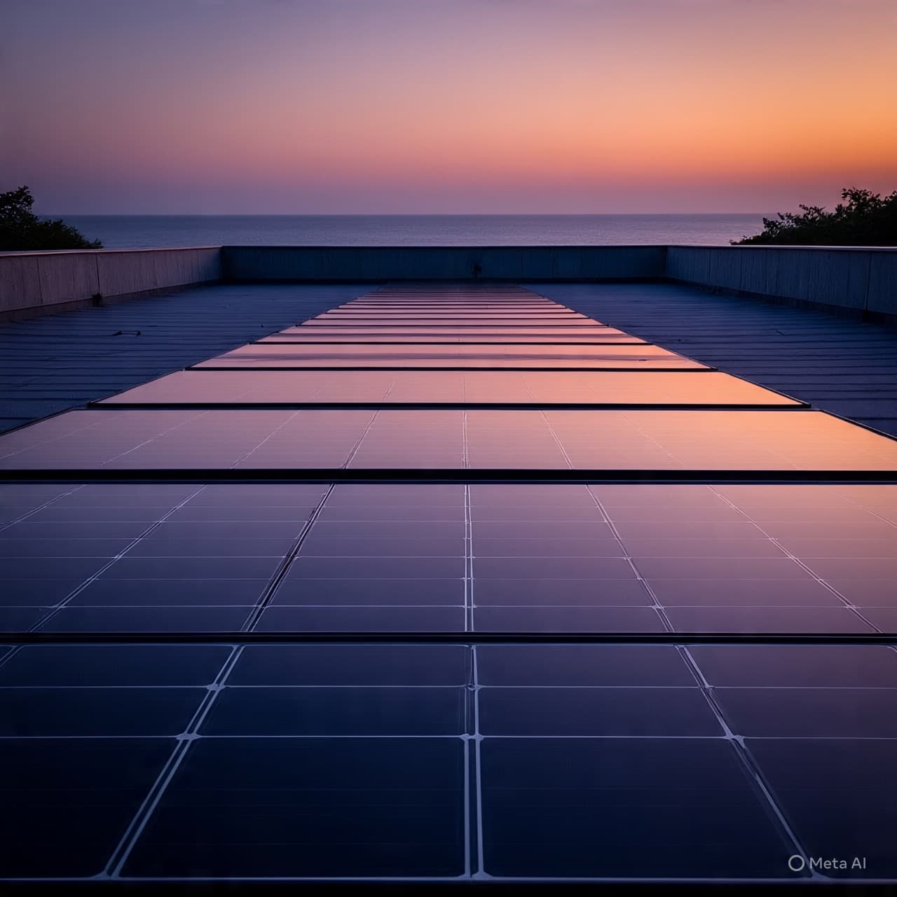 Aerial solar panels at dusk